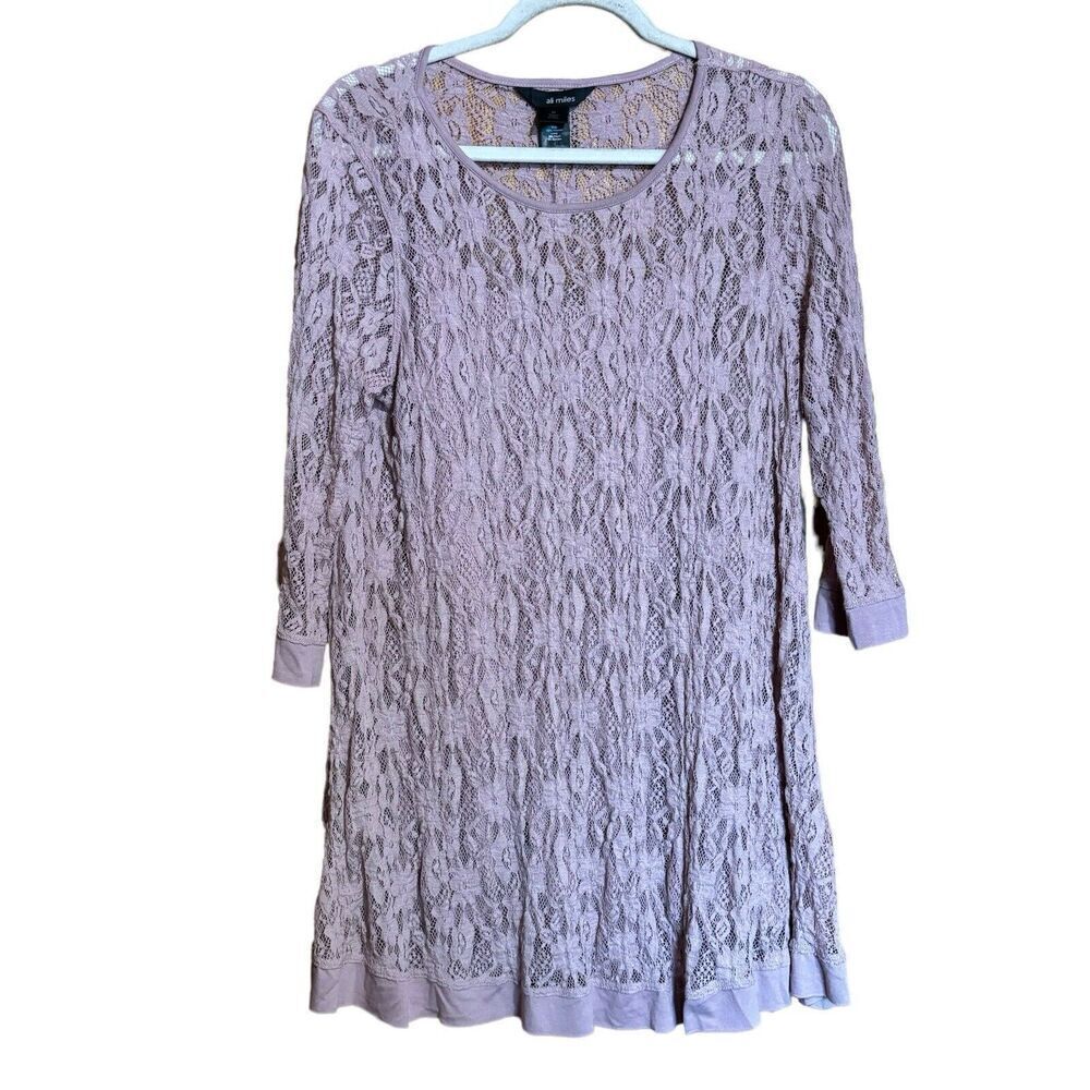 Ali Miles Tunic Top Womens Medium Pink Floral Lace Overlay Stretch Blouse Ladies